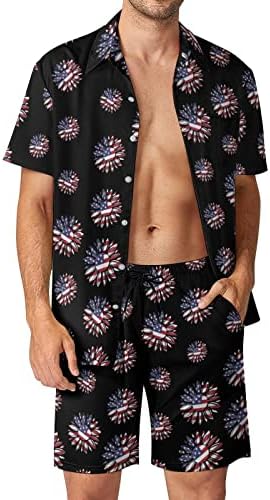 Знамето на Weedkeycat во САД во сончогледни машка плажа облеки 2 парчиња Хавајско копче надолу со кошула Краток ракав и сет