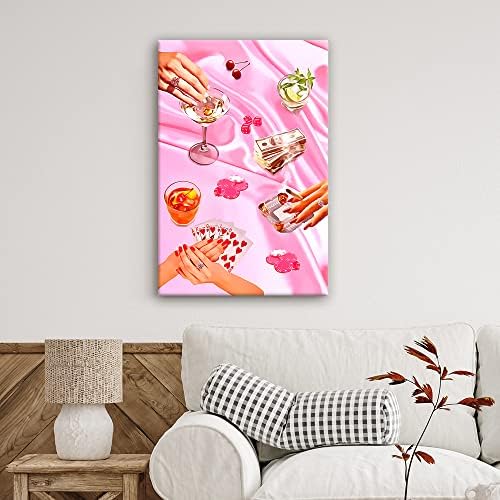 Хемолална розова среќа играње картички естетски постер фанки коктел коцки платно wallид уметност гроздобер покер ноќ отпечатоци сликање смешно