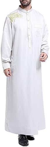 Маичка за маж со маж со машка машка маица, обичен муслимански арапски средно извезена јака со долга облека со ракави со ракави