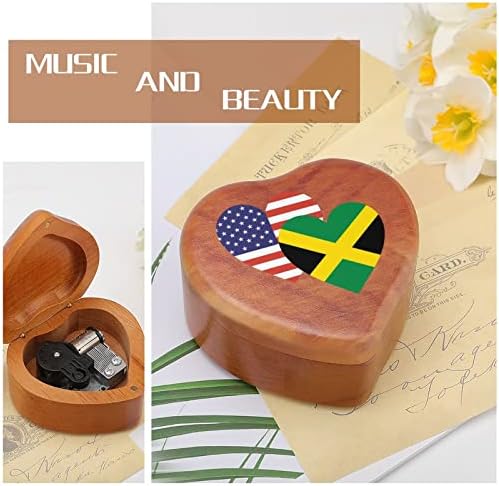 Јамајка Американско срце со знаме на срце, дрво музичка кутија гроздобер музички кутии подарок за Божиќ роденден Денот на вineубените во форма
