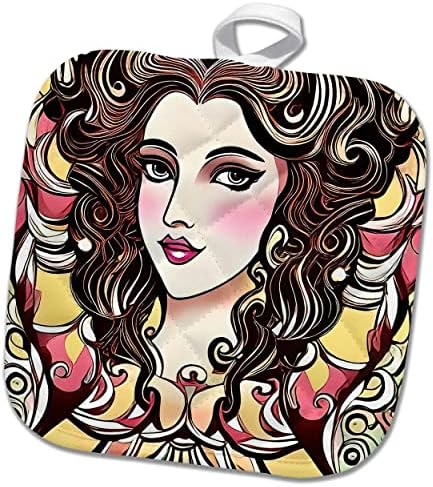 3drose Art Nouveau Woman. Пријатна млада кралица во златни и розови бои. - Potholders