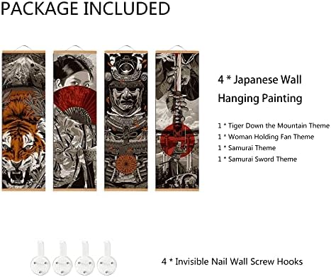 4 парчиња јапонски wallиден декор, јапонска wallидна уметност, јапонски домашен декор, јапонски декор за спална соба, сумараи оклоп