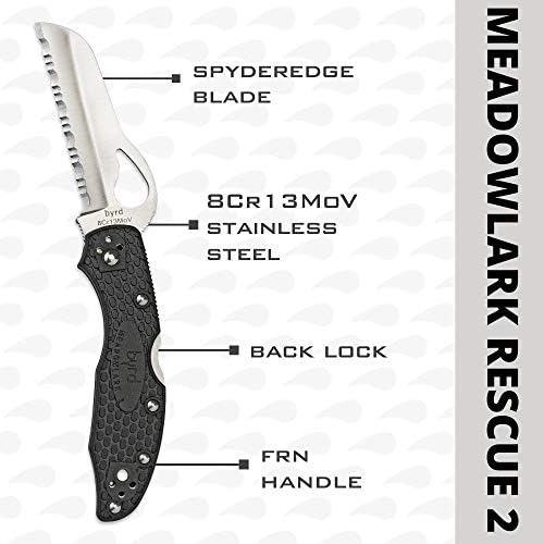 Byrd Meadowlark 2 Спасување лесен нож со 3,05 сечило од не'рѓосувачки челик и рачка со црна FRN со високи перформанси - SpyderEdge