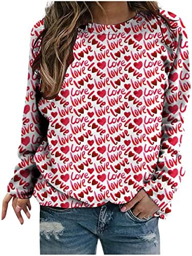 Loveубовна кошула за срце за жени со долг ракав на Денот на вineубените на в Valentубените врвови на падот на екипажот на екипажот на вратот на вратот Туника за џемпери