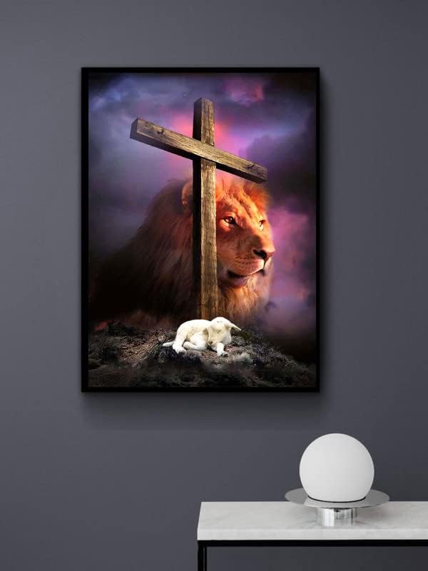 5d DIY дијамантски сликарство по комплети за броеви Исус крст лав за возрасни и деца, тркалезна целосна вежба со крст на крстот мозаик уметнички