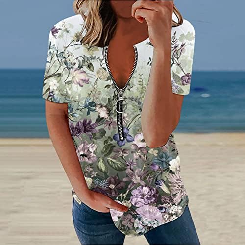 Женски цветни печатени врвови модни обични маици со краток ракав летен патент v врат маица лабава фустани блузи