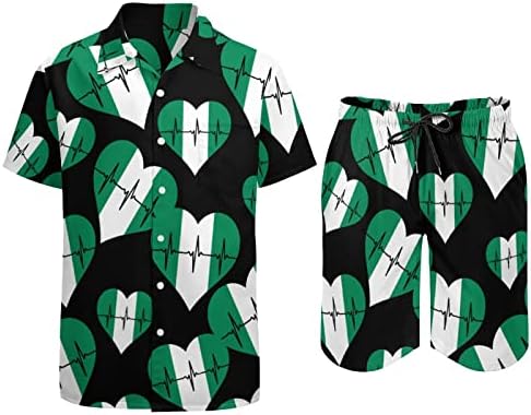Loveубов Нигерија срцев метар за машки 2 парчиња облека на плажа Хавајски копче надолу со кошула со кратки ракави и шорцеви костуми