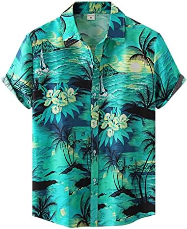 Менс долга маица мажја маж лето лето Хаваи плажа, печатење кошула Краток ракав, исклучете го копчето за кошула со јака подароци