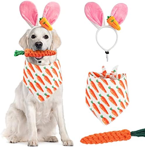Куче Велигденски костим за зајаче, 3 пакувања миленичиња зајаци уши за глава за кучиња бандана и сет на играчки, велигденски
