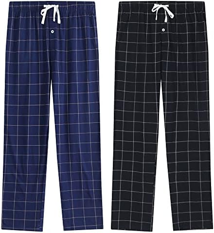 Памучни панталони со памучни памучни панталони, лесни панталони за спиење со џебови меки дневни панталони за мажите карирани pj дното