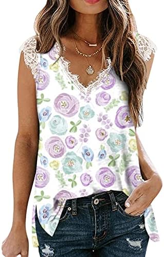 Тенк за жени за жени V-вратот без ракави чипка крпеница маица со цвеќиња со цвеќиња од лабаво елек врвови