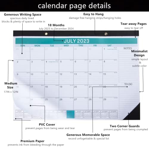 Ѕид Календар јули 2023 до декември 2024 година-Календар за Биро 17х12 Ѕиден Календар Месечен Десктоп Календар за Планирање Со Список