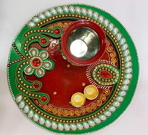 Декоративен Сет Карвачаут/Дивали Дрвен Поја Тали-12 х 12 х 3 ин од Индиски Колекционерски