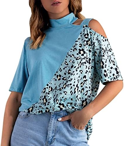 Xiloccer преголема маица жените жени лабава тркалезна врата од рамото маичка печатена леопард печатена леопард случајна краток ракав