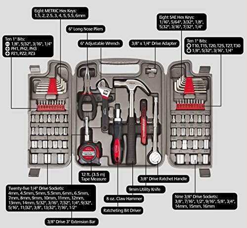 Алатки Аполо 79 парчиња мулти-намена алатка поставена со приклучоци, основен комплет за алатки за гаражата, дома или на патот. Вклучува основни