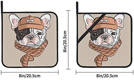 Хипстер куче Француски булдог раса во кафеава капа топла подлога, отпорни на кујнски тенџере, држачи за кујна 2 парчиња 8 × 8 инчи за готвење
