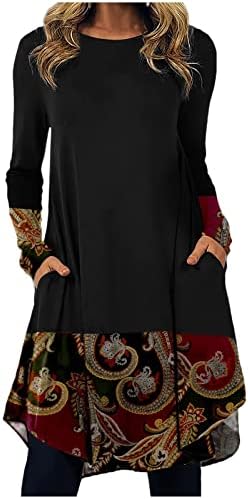 Nokmopo женски моден обичен фустан ретро печатење тркалезен врат со долг ракав фустан лабава средна должина колено џеб фустани