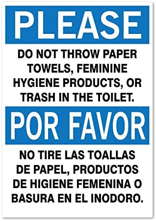 Ве молиме: Не фрлајте хартија или ѓубре во тоалет, двојазичен знак, 5 високи x 3,5 широки, црни/сини на бела, налепница за само лепило,