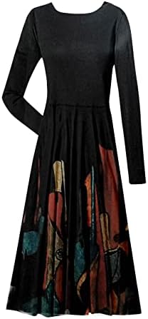 Нокмопо Долги Фустани За Жени Формална Мода Секојдневен Печатен Пуловер Со Кружен Врат Фустан Со Долги Ракави