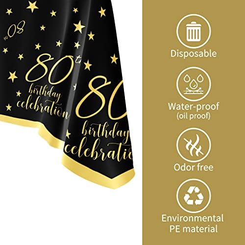Gatherfun 80th Birthday Disposable Tablecloth 4 Pack Gold and Black Waterproof Plastic Table Cover for Men Woman 80 Birthday Party Decorations