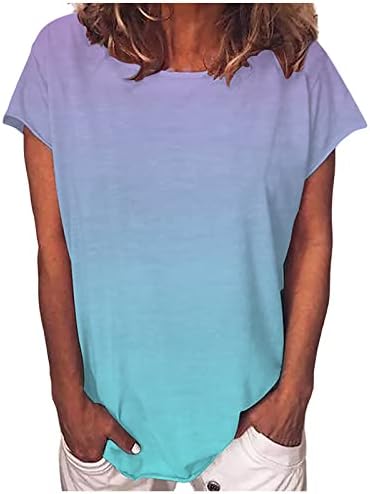 Летни врски за боја на врвови за жени плус големина Туника манжетни манжетни маички со екипаж на вратот, лабава фитинг -блуза пуловер
