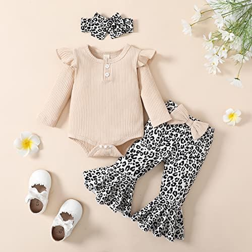 Облека за девојчиња од новороденче Adxsun, ребрестиот ромпер+шарена/крава/леопард разгорени панталони за новороденчиња 0-18 месеци
