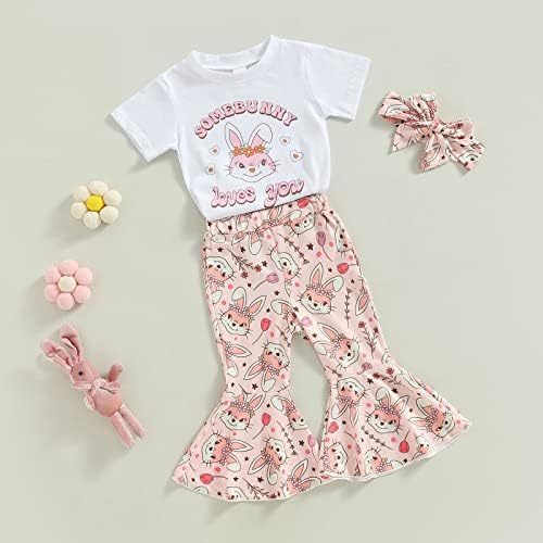 Детето бебе девојче Велигденска облека за печатење џемпер врвни зајаци печатени пантолони со одблесоци со сет на летна облека Headbnad