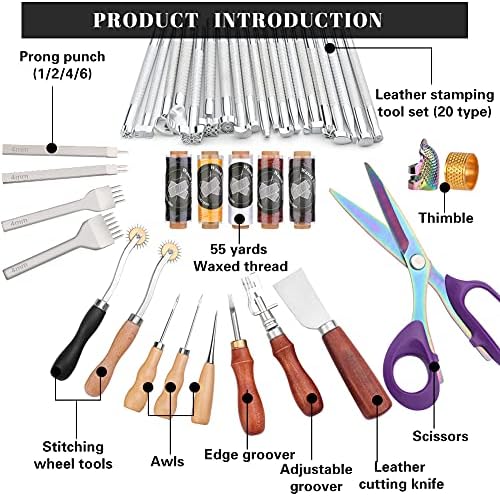 ZXIIXZ 67 парчиња кожни алатки за кожа алатки за кожа за занаетчиски алатки за коцка за шиење алатки со кожна алатка, прирачник за