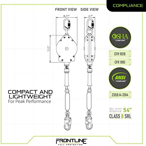 Заштита на Frontline Fall RPG25LE водечки кабел за единечна нога 25ft SRL со челик Snap Hook End | OSHA & ANSI во согласност