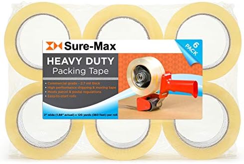 Sure -Max 36 Rolls Тешка лента за испорака и пакување - запечатување на картони за движење и лепило - чисто од 2,7 милји