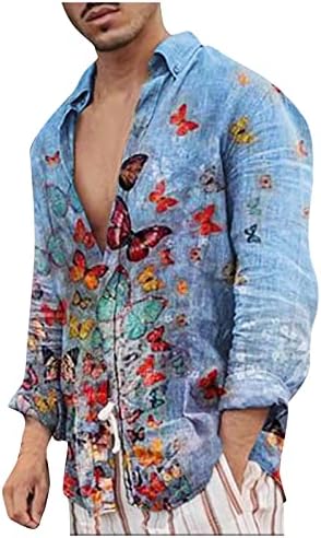 XXBR памучни ленени кошули за мажи, падот на копчето надолу со долги ракави, птици од пеперутка, печати обични врвови на плажа на Хавајска кошула