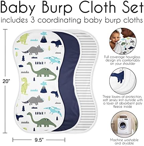 Слатка Jојо дизајнира сино и зелено диносаурус бебе момче Абсорбента бурпи крпи за новороденче за новороденче - сиво модерен бохо мод диносауруси - 3 пакувања сет на