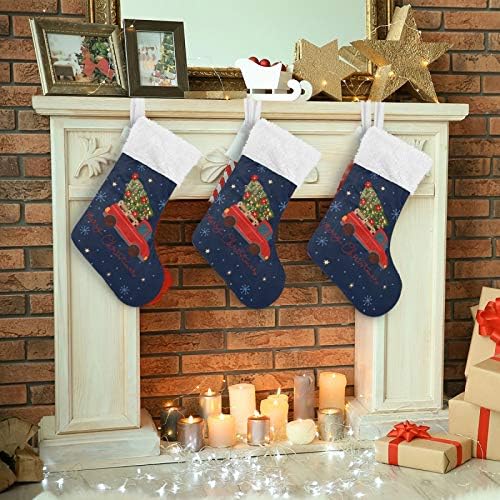Алаза Божиќни чорапи Црвен пикап камион со класична елка Класични персонализирани големи декорации за порибување за семејни празнични