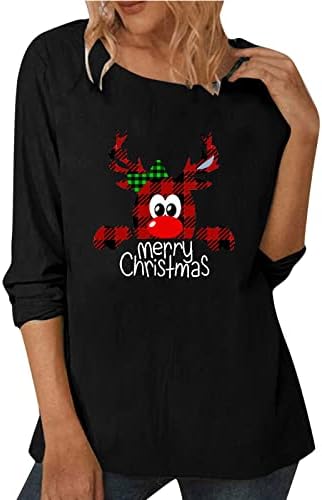 Симпатични Божиќни кошули за жени жени со долг ракав екипаж Божиќна шема печатена полна маица обична симпатична
