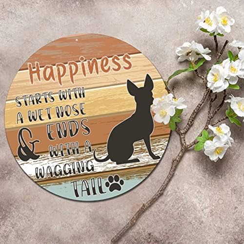 Смешна тркалезна миленичиња кучиња метални калај знаци Плакета За среќа започнува со влажен нос гроздобер венец знак куче добредојде