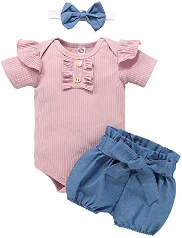 Eqsjiu новороденче бебе девојче пролетно летно облека целосна сет панталони за лак за глава на ракави ракави на ракав 0-24 месеци