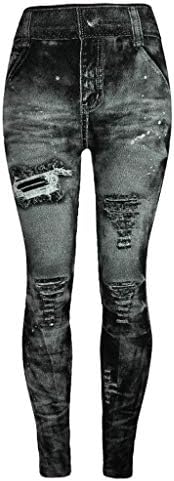 Lcepcy панталони со тексас хеланки со фармерки печати еластични хеланки на елементите на половината, женски црни тексас хеланки слаби