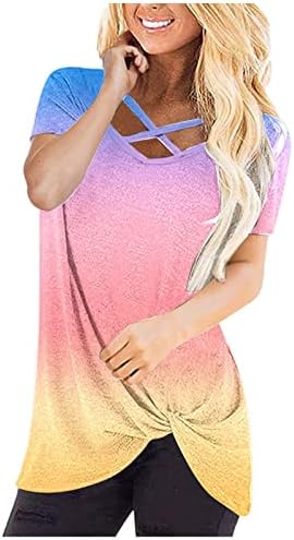 Градиент во боја блок печати лабави вклопувани маици за тинејџерски девојки краток ракав V вратот завој завој врвови маици жени 5J