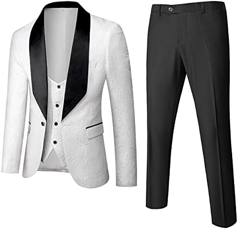 Uninukoo Mens Suitits 3 парчиња тенок фит jacquard tuxedo Shawl Lapel за свадбена матура