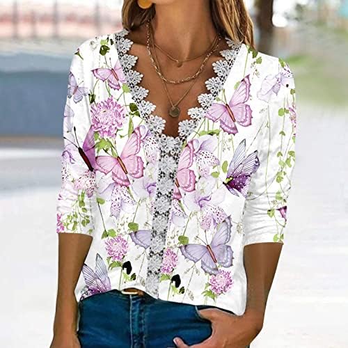 Летна елегантна маица за жени против чипка на вратот, трим блузи пеперутки печати 3/4 ракави врвови модни дами кошули