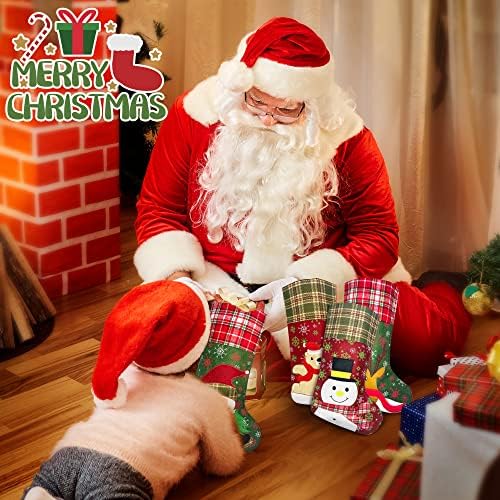 Божиќни чорапи на Озрод 4 пакувања, големи 18 инчи Санта ирваси Снежана мечка карактер Божиќни украси, карирани и снегулки Дизајн на