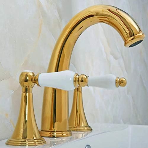 Месинг со златна боја двојни рачки 3 дупки Инсталирајте широко распространета палуба монтирана бања мијалник за мијалник за мијалник