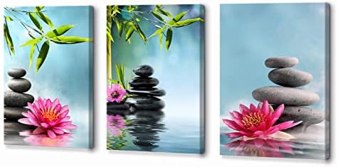 Kawahone Bamboo Zen Canvas Wall Art Spa Art Whate Vibrant Pink Water Lily Zen Meditation Massation Massage Stones Leaf Canvas Print Print for Home Office and Kitchen, врамени 12 x 16 x 3 парчиња