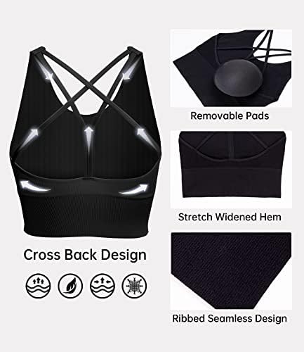 Spiez 3 Pack Spappy Sports Sports Bra за јога - тренингот со ниско влијание Беспрекорни градници, Longline Criss Cross Ribbed