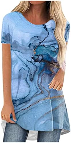 Фустани за маички за жени за жени летни обични туники врвови мермерни печати трендовски маички кошули со кратки ракави на екипажот