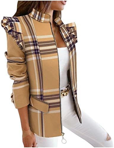 Женски обични блејзери моден печатење руфла со долги ракави отворени предни канцелариски јакни за автобуси со џебови со џебови