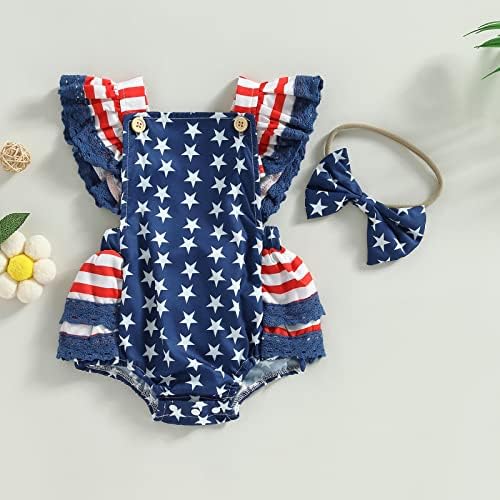 Новорова бебе девојчиња 4 -ти јули Облека Руфл Бесплатна меур фустан од Онзии+Облека за независност на главата