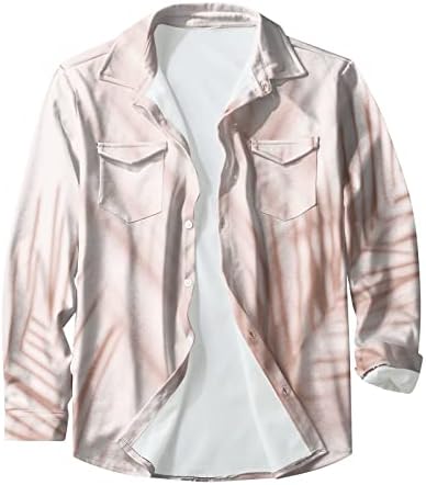 Копче за кошули за мажи надолу со графички графички печатени градиенти џебови со долги ракави, блузи, плус големина опуштено вклопување врвови