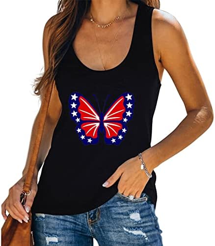 Патриотски резервоар врвови за жени во САД знаме starsвезди без ракави маица печати за печатење кошули на резервоарот 4-ти јули блуза за каузална