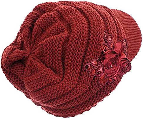 Ц-САД жени зимско топло плетено капаче за капчиња за визир со цветниот акцент